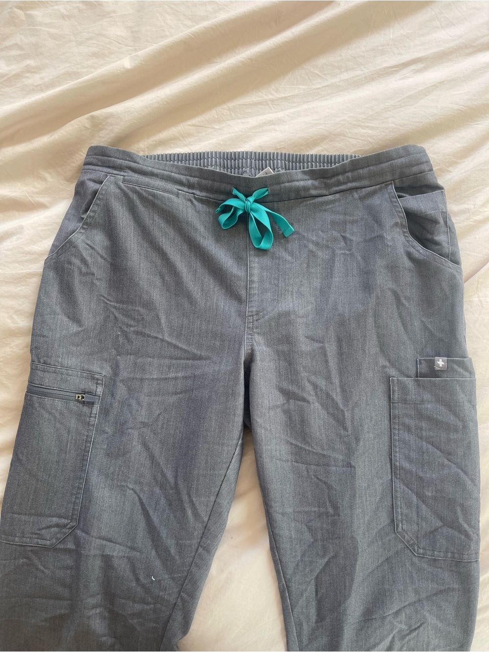 Figs Gray Cargo Scrub Pants with Teal Drawstring